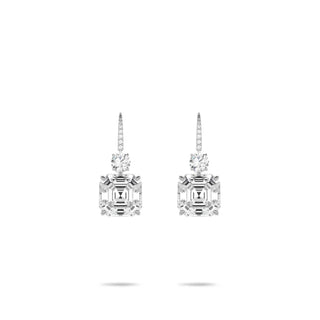 Asscher Dangler Earrings – 925 sterling silver with platinum plating, featuring 11.9 mm Asscher-cut lab-created sapphires for a dazzling red-carpet look