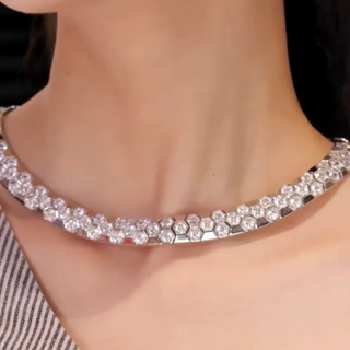 Bee My Love Necklace in 925 sterling silver with platinum plating, featuring hexagonal lab-created sapphires.