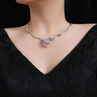 Belle's Rose Necklace with pink lab sapphire rose pendant on short sterling silver chain – romantic rose necklace for women