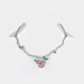 Belle's Rose Necklace with pink lab sapphire rose pendant on short sterling silver chain – romantic rose necklace for women