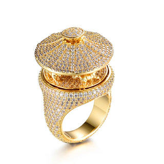Golden Carnival Ring with spinning carousel crown, pavé-set lab sapphires, and sculpted golden horses, inspired by vintage fair magic