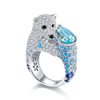Polaris Bear Ring with glowing Paraiba stone and lab sapphires in sterling silver, inspired by polar bears and Arctic skies