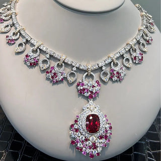 Sterling silver long necklace with vivid ruby centrepiece and regal red tones — Azzallure Maharani Ruby Necklace inspired by royal Indian heritage.