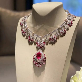 Sterling silver long necklace with vivid ruby centrepiece and regal red tones — Azzallure Maharani Ruby Necklace inspired by royal Indian heritage.