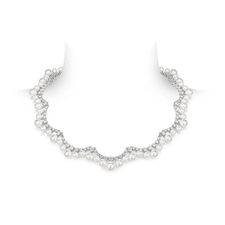 Wave of Pearls Necklace, crafted from 925 sterling silver with lustrous pearls and lab-created sapphires. A serene and elegant design inspired by the ocean, adding timeless beauty to the neckline.