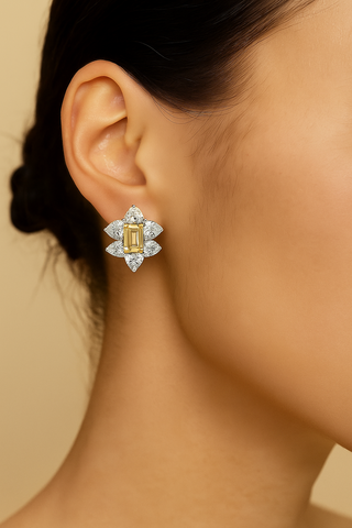 Yellow Diamond Flower Earrings – Snowflake-inspired sterling silver earrings with radiant yellow lab-created sapphires.