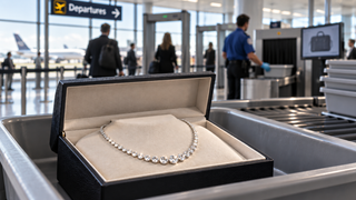 Open luxury jewellery box displaying a diamond necklace in an airport security tray, with security screening, travellers and a departures sign visible in the background.