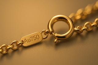 Close-up of an 18K gold chain clasp with an AU750 hallmark tag, showing the purity stamp on fine gold jewelry.