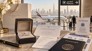 Luxury diamond ring, certificate, purchase receipt, passport and boarding pass displayed at Dubai Airport, highlighting VAT refunds and travelling home with a diamond purchase.