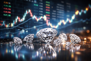 Brilliant cut diamonds arranged on a reflective surface with a blurred stock market chart in the background, symbolizing diamonds as a financial asset