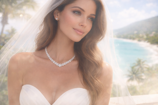Bride wearing a diamond necklace and veil overlooking the Caribbean sea with soft dreamy light and palm trees in the background