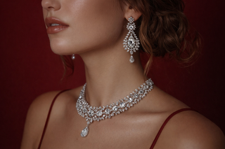 Elegant diamond chandelier earrings and intricate floral diamond necklace with pear drop pendant worn with a red satin dress against a deep red background.