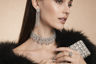 Elegant model wearing lab diamond choker necklace, chandelier earrings, and diamond ring styled with a black fur wrap