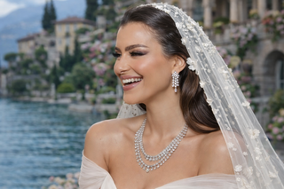 Bride wearing a soft off shoulder European wedding gown with diamond necklace and earrings, seated at a lakeside villa in a European destination wedding setting