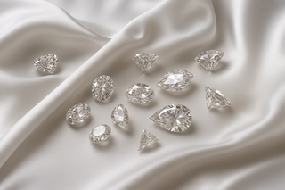 Collection of loose diamonds in different shapes including round, pear, and marquise, displayed on soft white silk fabric.