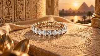 Gold diamond eternity ring displayed against an ancient Egyptian backdrop with hieroglyphics and pyramids, symbolising eternal love and the origins of the eternity ring.