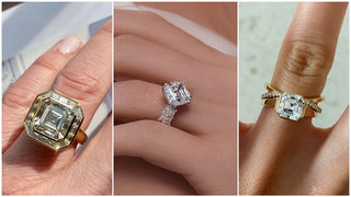 Three hands wearing Asscher cut diamond engagement rings in yellow gold, platinum, and mixed-metal settings, showcasing vintage and modern styles side by side
