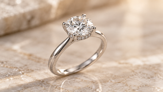 White gold solitaire diamond ring with a subtle hidden halo beneath the centre stone, photographed against a soft neutral background.