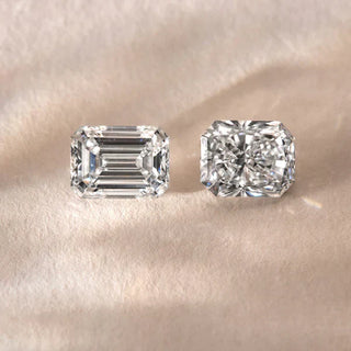 A side-by-side comparison of emerald cut and radiant cut diamonds, highlighting their distinct shapes and facets.