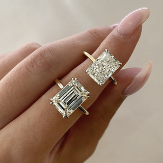 A side-by-side comparison of a lab-grown diamond and a natural diamond, highlighting their brilliance and fire under light.