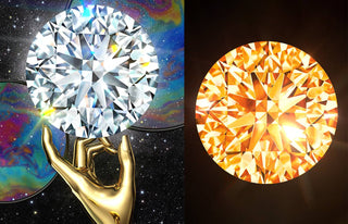 A digital display showing a virtual diamond necklace NFT alongside a tablet with blockchain data, blending tech and luxury fashion.