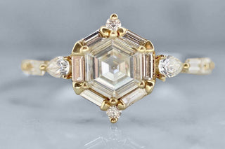 Hexagonal-shaped diamond ring showcasing its geometric brilliance and modern, unconventional cut for a bold statement look.