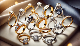 A lineup of engagement rings in different metals—platinum, white gold, yellow gold, and rose gold—sparkling against a soft, elegant background.