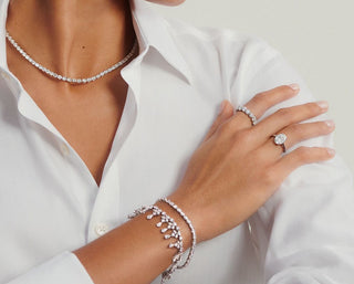 Close-up of a sparkling Tennis Lab diamond bracelet and necklace set, showcasing timeless elegance and refined craftsmanship.