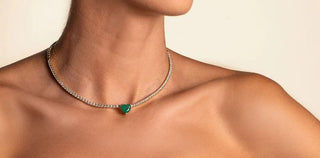 Woman showcasing different necklaces with various necklines like V-neck, strapless, and boat neck