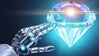 Futuristic robotic hand examining a large glowing diamond against a blue background, symbolizing artificial intelligence and technology in diamond grading and pricing.