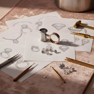 Hand-drawn jewelry design sketches laid out on a table with loose diamonds, a jeweler’s loupe, and precision tools.