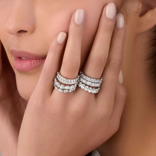 Full diamond eternity ring on a ring sizer tool, illustrating the importance of accurate sizing for a perfect fit.