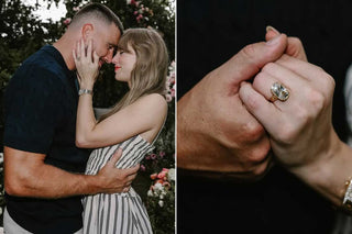 Taylor Swift embracing Travis Kelce with her engagement ring visible, paired with a close-up of the old mine cushion cut diamond ring on her finger.