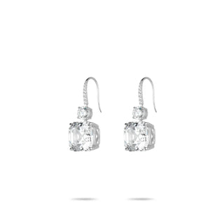 Asscher Dangler Earrings – 925 sterling silver with platinum plating, featuring 11.9 mm Asscher-cut lab-created sapphires for a dazzling red-carpet look