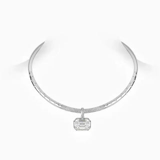 Astra Torque Necklace with white lab sapphire set in fine silver, featuring a celestial torque design that balances strength and elegance.

