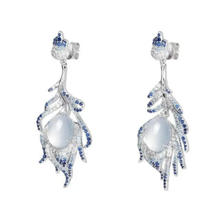 Glacial Grace Earrings: 54.6 mm drop earrings in 925 sterling silver plated with 18K white gold, set with lab-created sapphire stones.