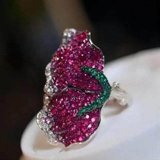 Gradient Ruby Cocktail Ring: 925 sterling silver band pavé-set with lab-created ruby red, emerald green, and white sapphires in a seamless gradient.