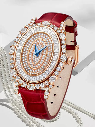 Lunara Crystal Watch with stainless steel case, sapphire crystal dial, and colored leather strap.
