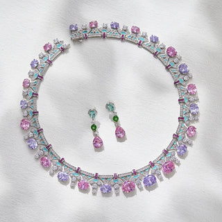 Rosy Mirage Necklace and earrings suite in pink and purple tones, featuring lab sapphires and a choker design with silver-copper finish.

