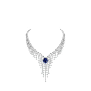 Royal Blue Necklace with luminous lab sapphire set in platinum-plated sterling silver, reflecting regal charm and refined elegance.

