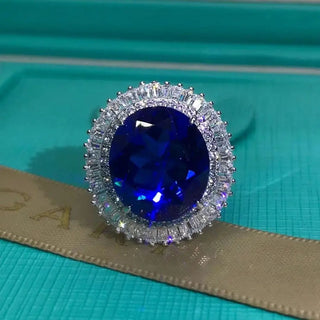 Sapphire Mist Ring with a lab-grown sapphire and prong-set diamonds in sterling silver, classic engagement ring design for women

