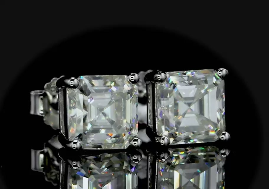 Midnight Sparkle Studs silver earrings for women featuring Asscher cut moissanite set in 925 sterling silver with 10K gold accents.