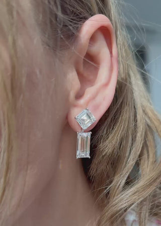 Empire Illusion Drops: 18K white gold drop earrings with a 5 ct Asscher-cut and 7 ct baguette-cut lab-grown diamonds (24 ct total).
