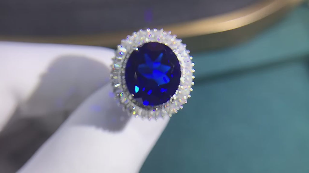 Sapphire Mist Ring with a lab-grown sapphire and prong-set diamonds in sterling silver, classic engagement ring design for women

