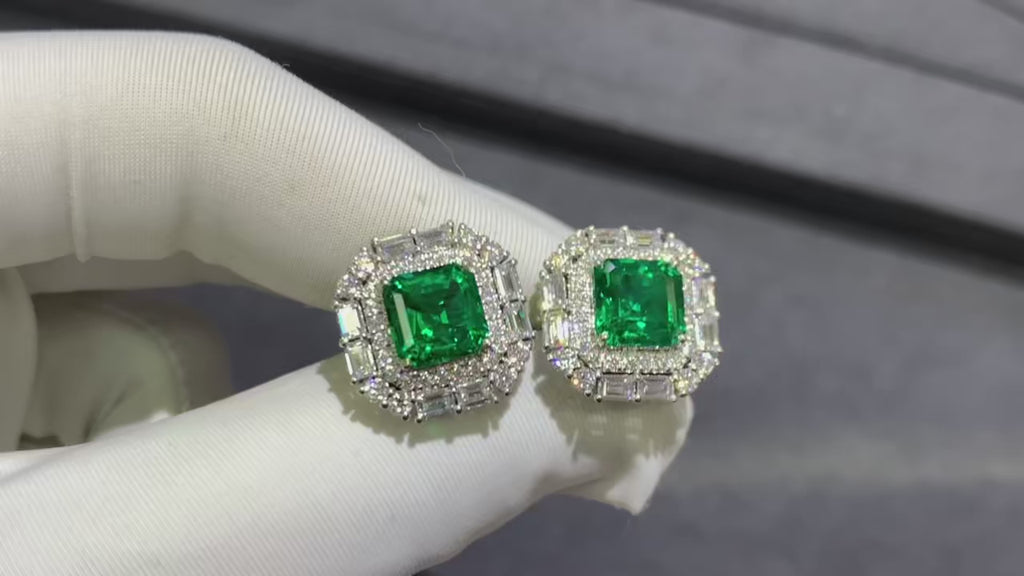 Gemini Green Studs – 9K white gold earrings with 3.8-carat emerald and lab-created sapphires, offering vibrant elegance and subtle sparkle.